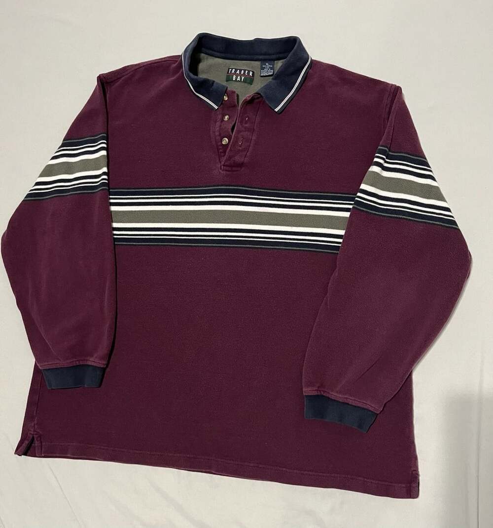 Trader Bay Striped Polo Shirt Size XL Burgundy Long Sleeve